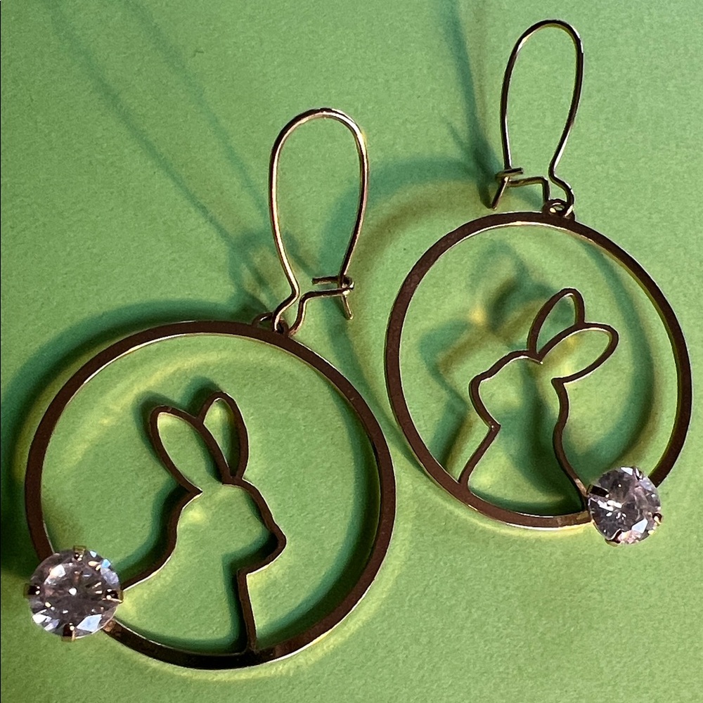 Bunny Hoop Earrings, Gold with Crystal Charm